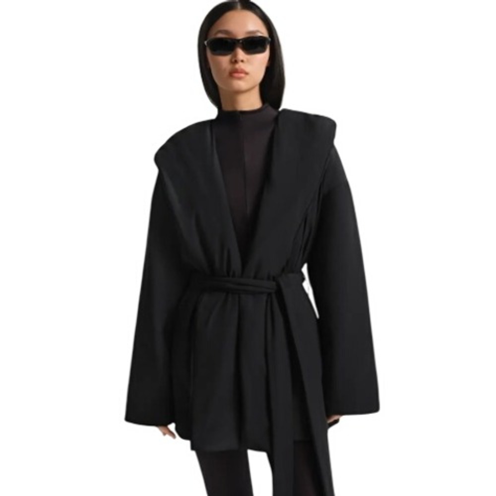 Skims Woven Nylon Hooded Wrap Coat LS-LSL-10423W Obsidian Medium